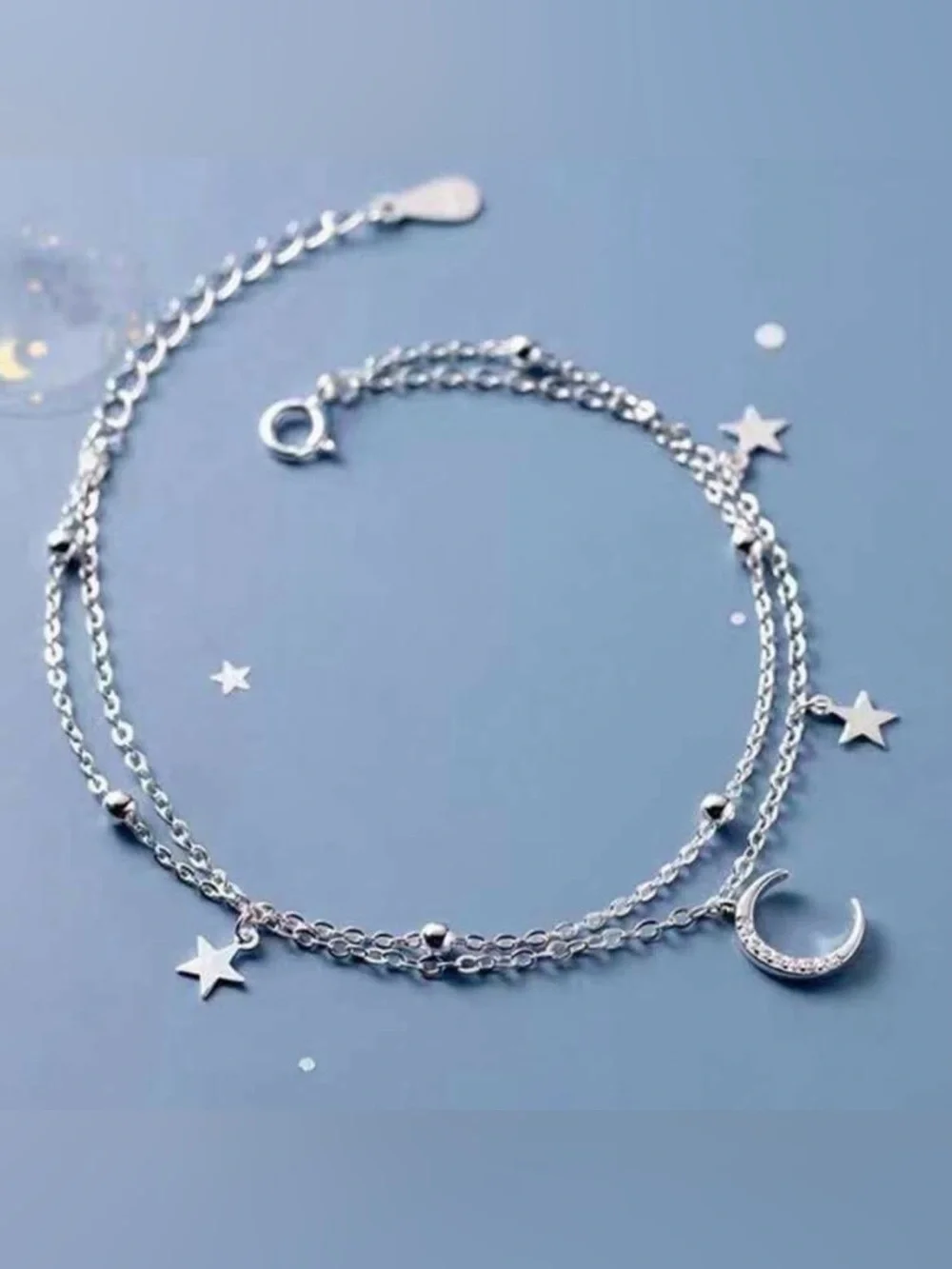 Celestial Double Chain Charm Bracelet | 925 Sterling Silver | Sz 6 3/8 + 1 5/8”